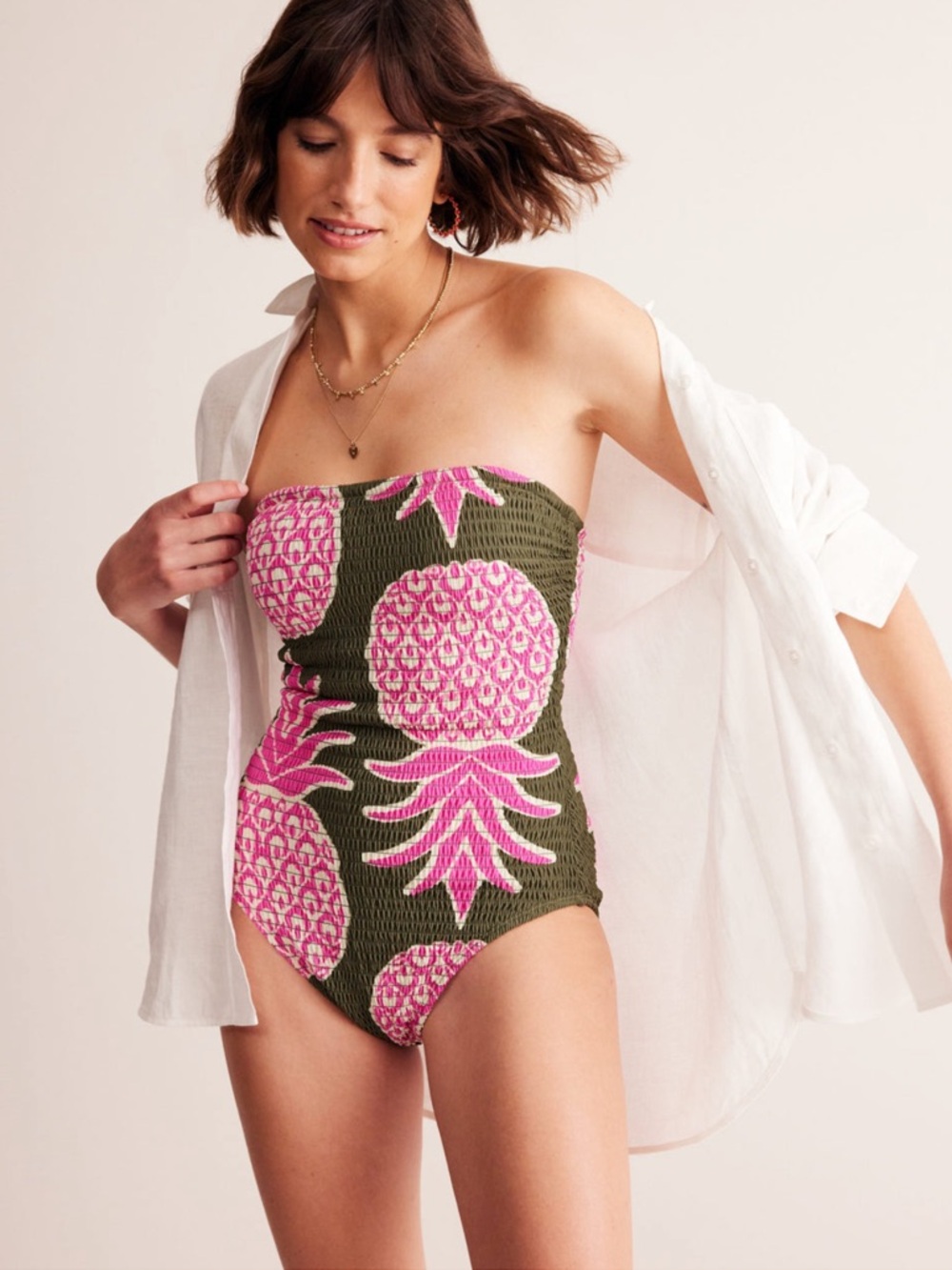 Boden Milos Smocked Bandeau Pineapple Print Swimsuit $170
